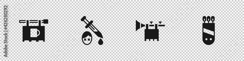 Set Street signboard with Bar, Sword blood, Trumpet flag and Quiver arrows icon. Vector