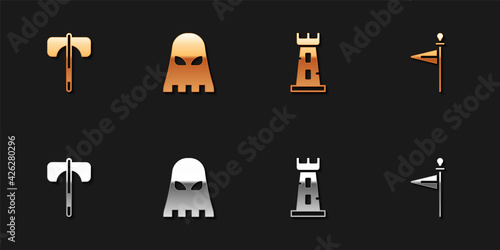 Set Medieval axe, Executioner mask, Castle tower and flag icon. Vector