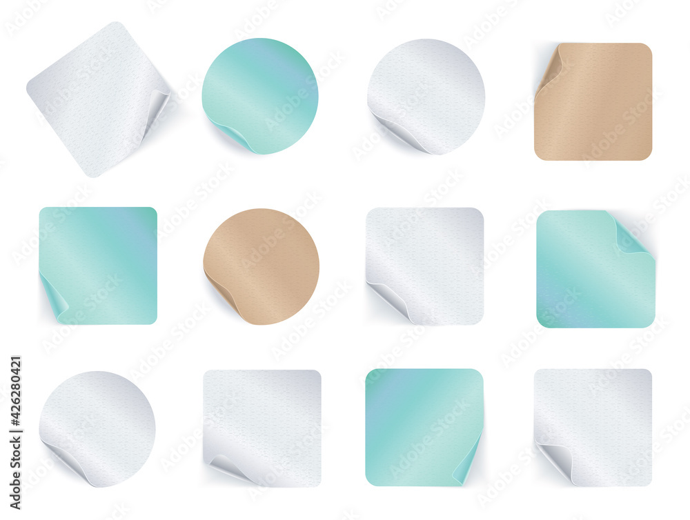 Set of adhesive stickers. Realistic empty sticky labels or price tags set with shadow. Blank round and square mock ups with curved corner. Color symbols collection Set of adhesive stickers. Realistic empty sticky labels or price tags set with shadow. Blank round and square mock ups with curved corner. Color symbols collection