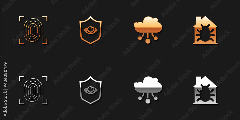 Set Fingerprint, Shield and eye, Internet of things and House system bug icon. Vector Set Fingerprint, Shield and eye, Internet of things and House system bug icon. Vector