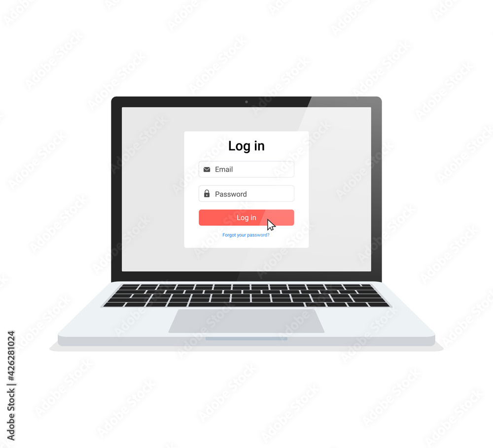 Laptop with log in form interface on the screen. For a web page, sign in to account, user authorization, login authentication page. Vector. Laptop with log in form interface on the screen. For a web page, sign in to account, user authorization, login authentication page. Vector.
