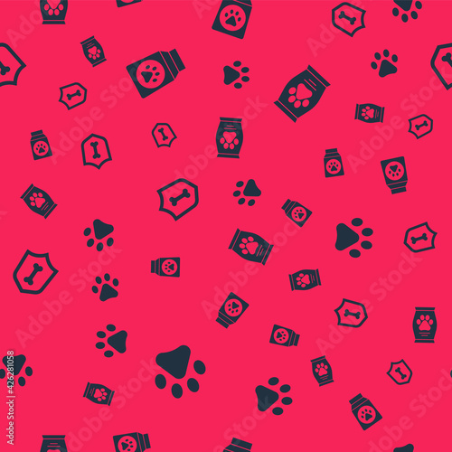 Set Paw print, Bag of food, Animal health insurance and on seamless pattern. Vector