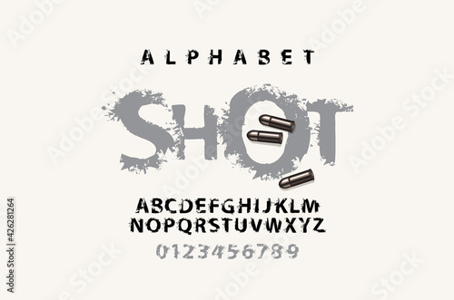 SHOT lettering with spots in grunge style. Splash Alphabet, vector set of abstract alphabet letters and numbers on a light background. Creative font for headline, poster, label, logo