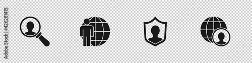 Set Magnifying glass for search, Head hunting, User protection and Globe and people icon. Vector