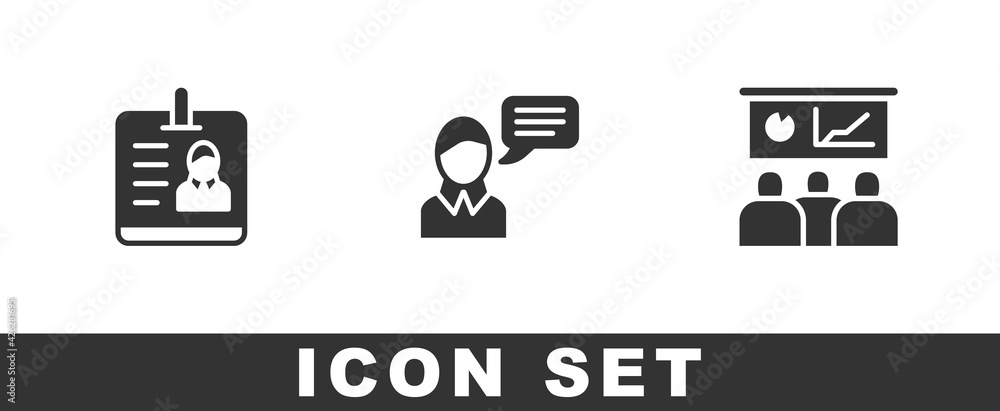 Set Identification badge, Speech bubble chat and Training, presentation icon. Vector Set Identification badge, Speech bubble chat and Training, presentation icon. Vector