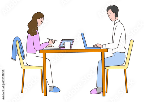 テーブルで仕事をしている男性と女性