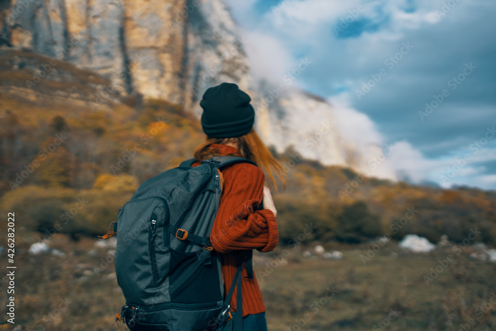 travel tourism woman with backpack high mountains sky landscape travel tourism woman with backpack high mountains sky landscape