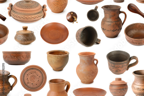 Seamless pattern ceramic products from different angles isolated on white