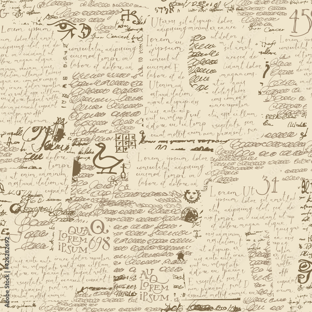 Abstract seamless pattern with handwritten text Lorem Ipsum, scribbles and sketches on an old paper backdrop. Vector repeating background in retro style. Suitable for Wallpaper, wrapping paper, fabric