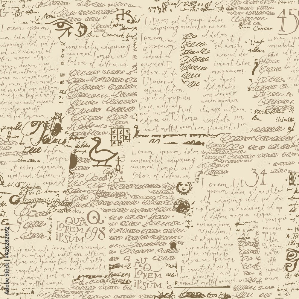 Abstract seamless pattern with handwritten text Lorem Ipsum, scribbles and sketches on an old paper backdrop. Vector repeating background in retro style. Suitable for Wallpaper, wrapping paper, fabric Abstract seamless pattern with handwritten text Lorem Ipsum, scribbles and sketches on an old paper backdrop. Vector repeating background in retro style. Suitable for Wallpaper, wrapping paper, fabric