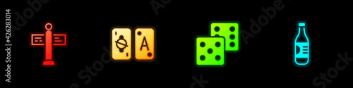 Set Road traffic signpost, Tarot cards, Game dice and Bottle of water icon. Vector