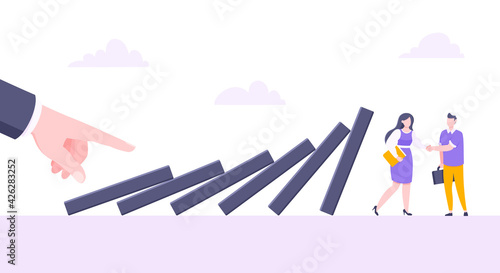 Domino effect or business resilience metaphor vector illustration concept. Business people shaking hands near falling domino line concept of problem solving and stopping chain reaction