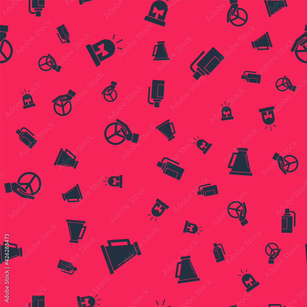 Set Megaphone, Flasher siren, Peace and Hand grenade on seamless pattern. Vector