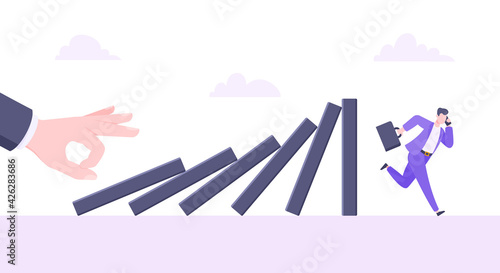 Domino effect or business cowardice metaphor vector illustration concept. Adult young businessman run away from hand falling domino line business concept problem solving and danger chain reaction.