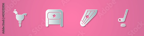 Set paper cut Cockerel lollipop, Ushanka, Kankles and Ice hockey stick and puck icon. Paper art style. Vector
