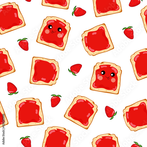 Sandwich with strawberry jam and strawberries seamless pattern on a white background. Cartoon vector background