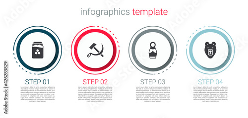 Set Jar of honey, Hammer and sickle USSR, Russian doll matryoshka and Bear head. Business infographic template. Vector