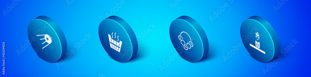 Set Isometric Satellite, Russian bagels, Slavic pagan idol and Sauna bucket icon. Vector Set Isometric Satellite, Russian bagels, Slavic pagan idol and Sauna bucket icon. Vector