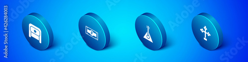 Set Isometric Ushanka, Balalaika, Christian cross and Russian ruble banknote icon. Vector