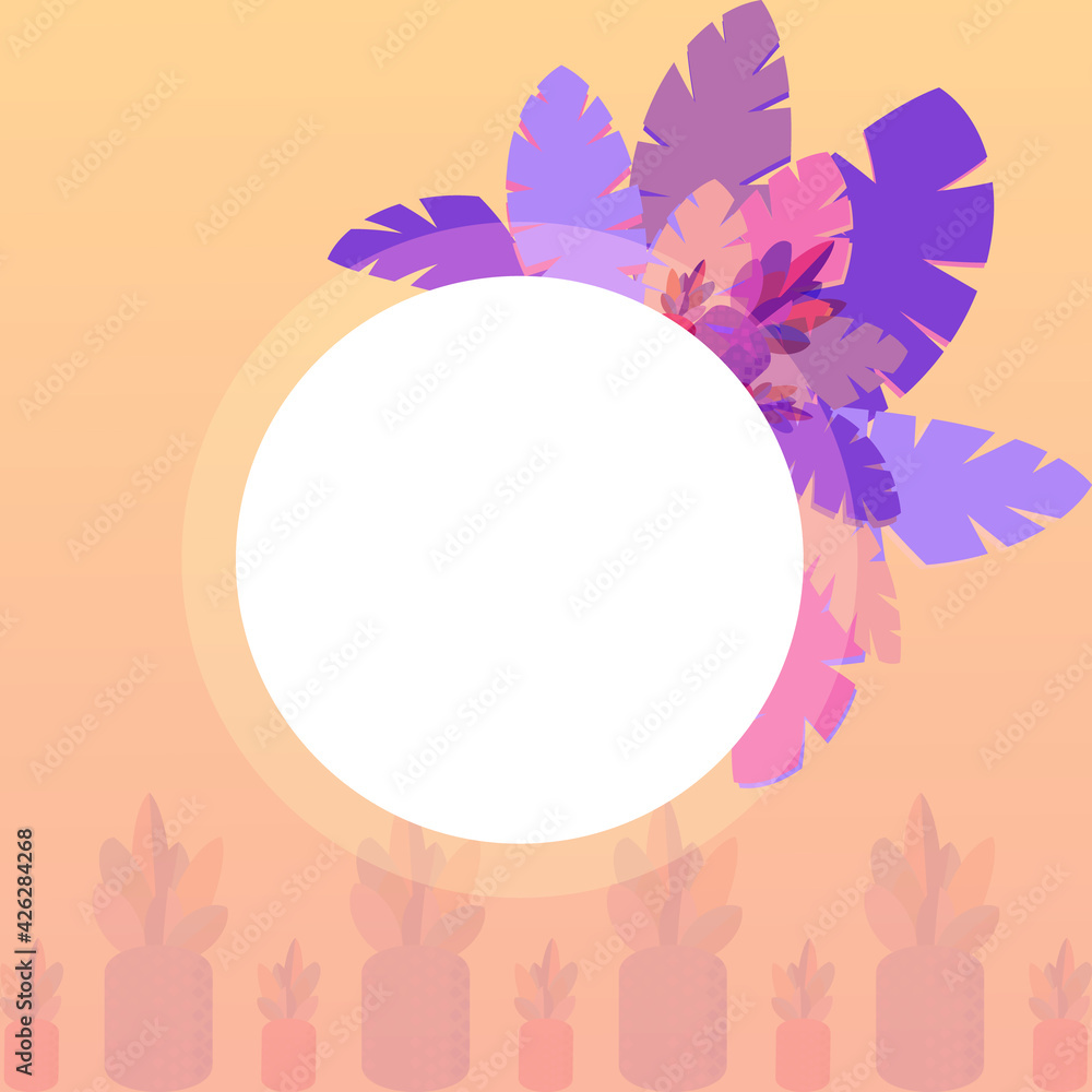 Summer tropical background with ellipse frame textured and beautiful exotic leaves ananas. Colorful mood. Vector ard or poster template. Summer tropical background with ellipse frame textured and beautiful exotic leaves ananas. Colorful mood. Vector ard or poster template.