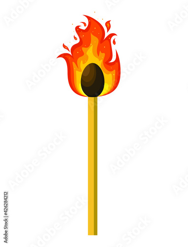 A lighted match on a white background. Flame, fire