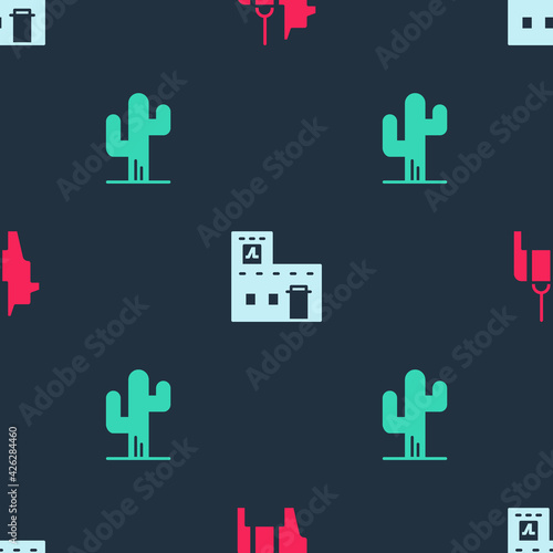 Set Pinata, Mexican house and Cactus on seamless pattern. Vector
