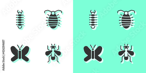 Set Insect fly, Centipede, Butterfly and Larva insect icon. Vector