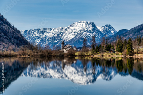 Peaceful Lake Grundlsee With Alps Reflecting in Lake  Styria in Austria  Springtime in Salzkammergut