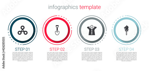 Set Fidget spinner, Shovel toy, Toy puppet doll on hand and horse. Business infographic template. Vector