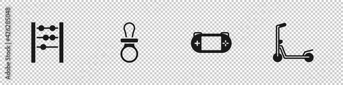 Set Abacus, Baby dummy pacifier, Portable video game console and Scooter icon. Vector