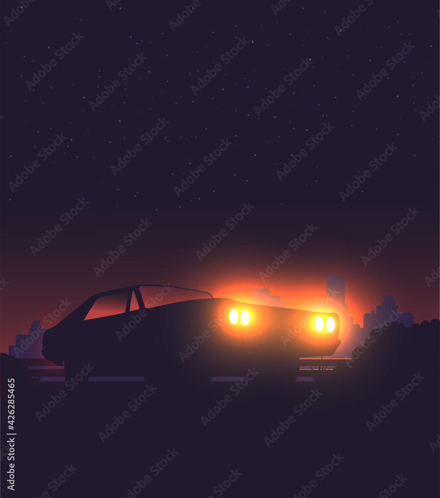 Night background with car vector, flat illustration Night background with car vector, flat illustration