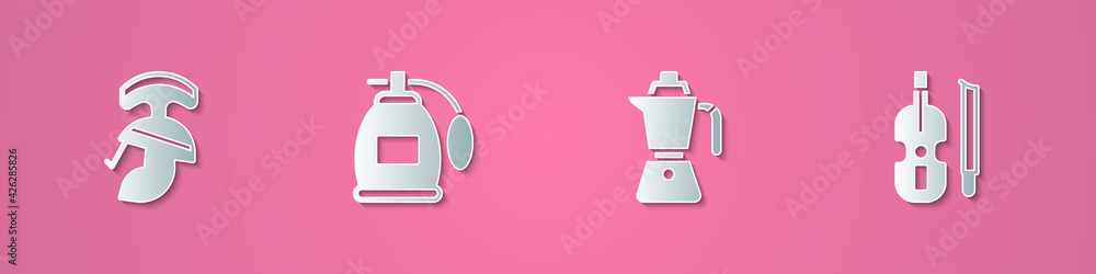 Set paper cut Roman army helmet, Perfume, Coffee moca pot and Violin icon. Paper art style. Vector Set paper cut Roman army helmet, Perfume, Coffee moca pot and Violin icon. Paper art style. Vector