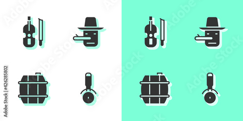 Set Pizza knife, Violin, Barrel for wine and Pinocchio icon. Vector