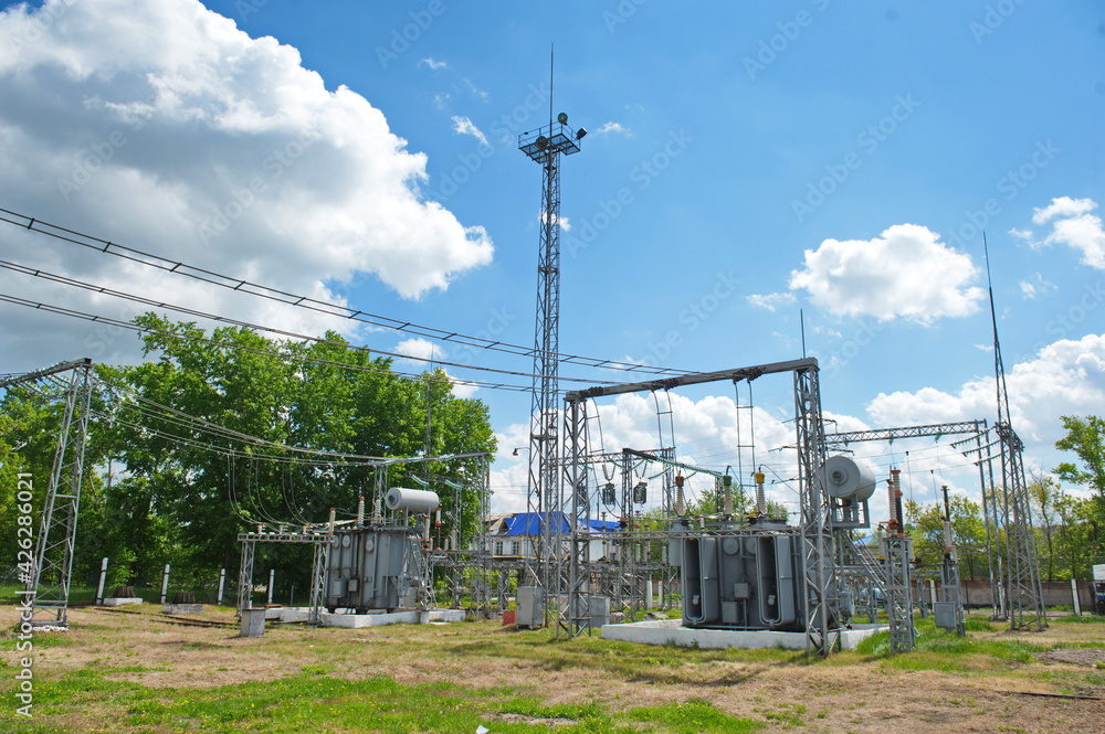 Fototapeta premium Petropavlovsk, Kazakhstan - 05.26.2015 : High-voltage transmission lines with insulators, coils and distribution blocks.