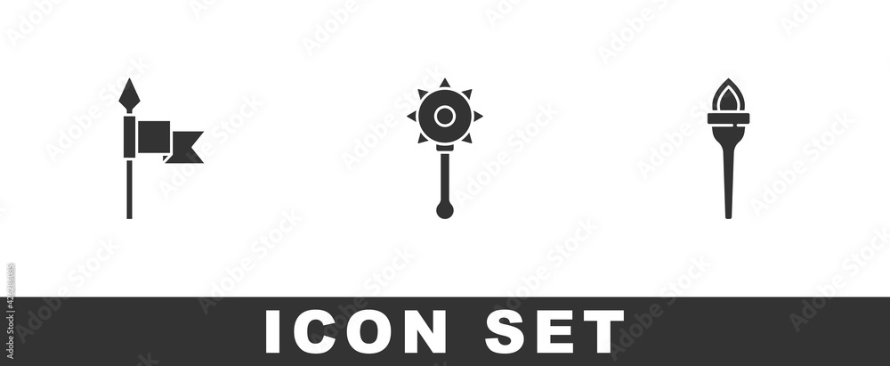Set Medieval spear, chained mace ball and Torch flame icon. Vector