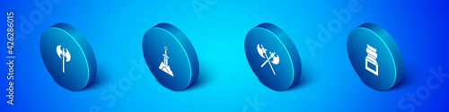 Set Isometric Medieval axe, Crossed medieval axes, Poison in bottle and Sword the stone icon. Vector