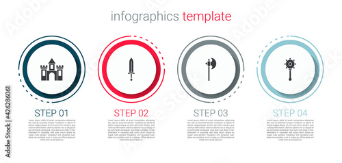 Set Castle, fortress, Medieval sword, axe and chained mace ball. Business infographic template. Vector