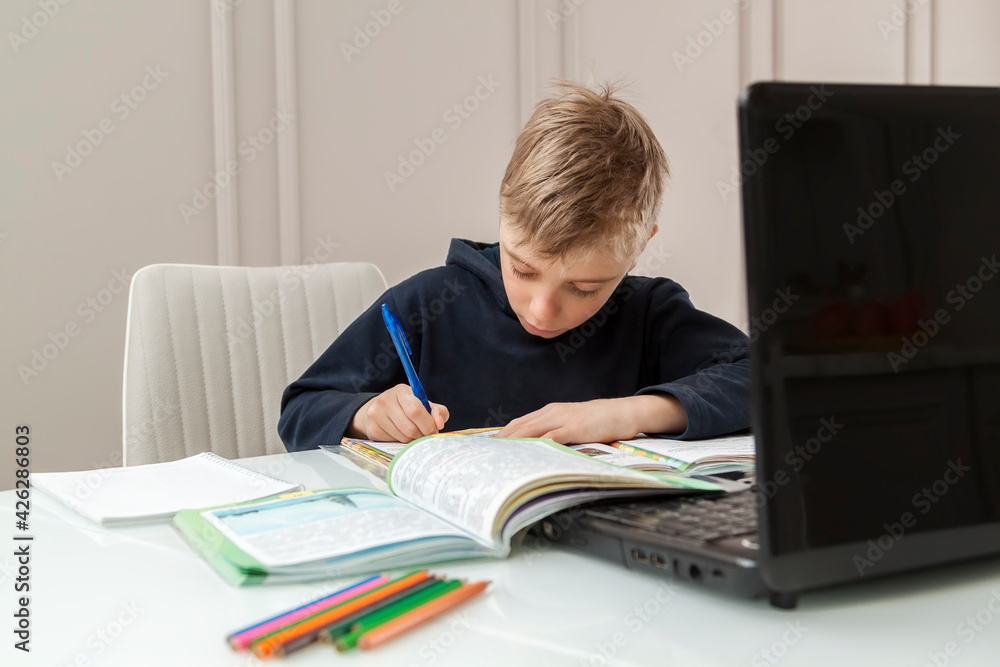 boy writes in notebook tasks received from teacher on laptop screen. Smart Little Boy Is doing His Homework in Living Room. COVID-19 pandemic forces children online learning boy writes in notebook tasks received from teacher on laptop screen. Smart Little Boy Is doing His Homework in Living Room. COVID-19 pandemic forces children online learning
