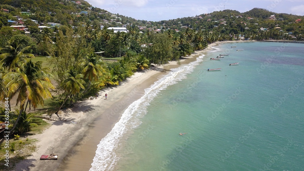Aerial view of a white sand beach in Saint Lucia