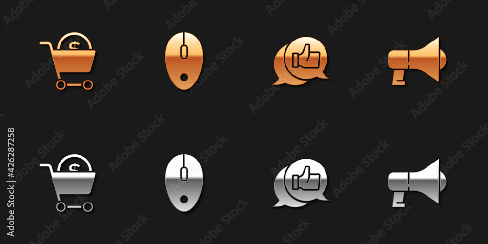 Set Shopping cart and dollar, Computer mouse, Customer product rating and Megaphone icon. Vector