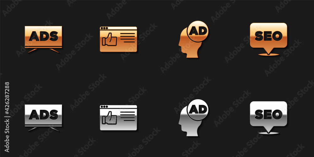 Set Advertising, Browser window, and SEO optimization icon. Vector Set Advertising, Browser window, and SEO optimization icon. Vector