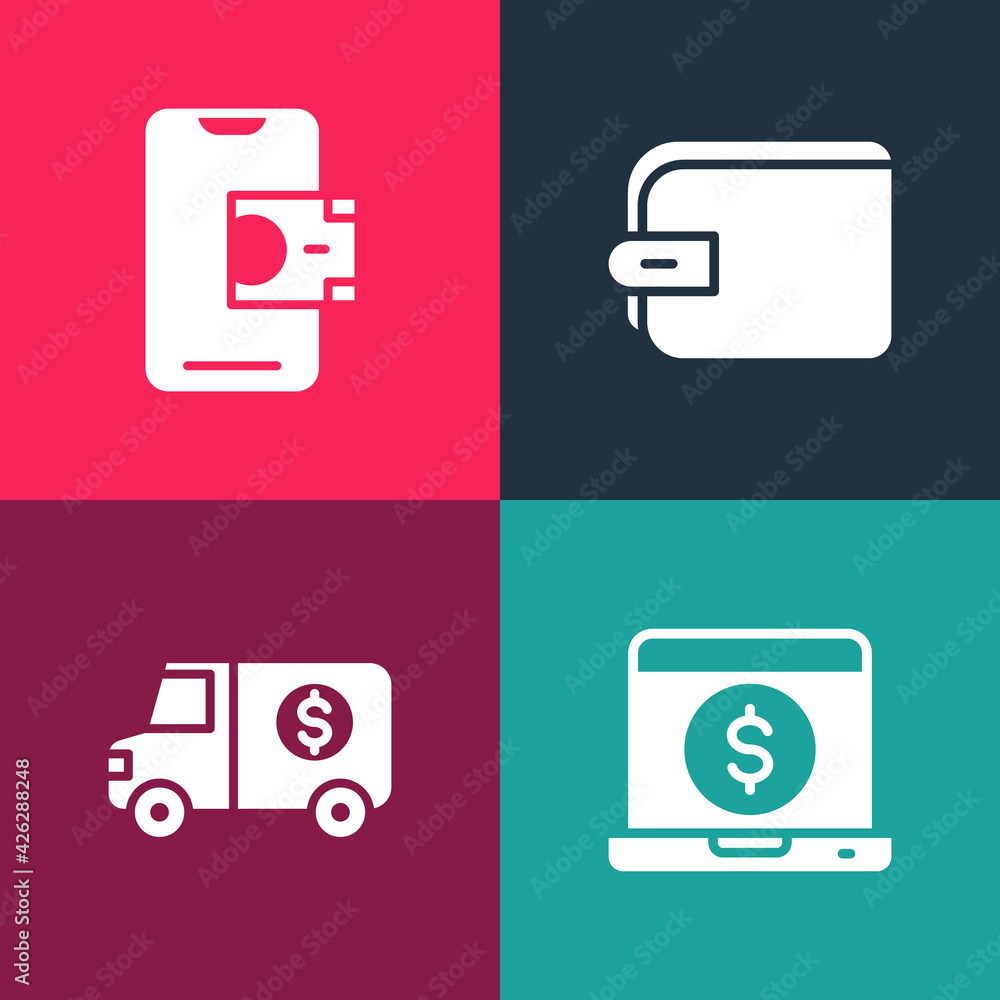 Set pop art Laptop with dollar, Armored truck, Wallet and Mobile banking icon. Vector
