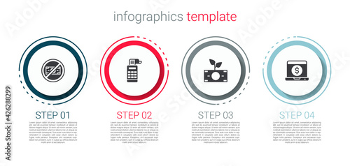 Set No money, Cash register machine, Money plant the pot and Laptop with dollar. Business infographic template. Vector