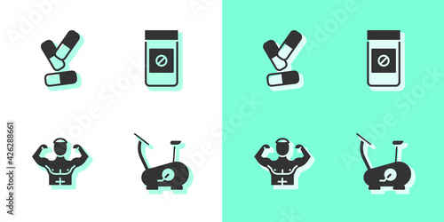 Set Stationary bicycle, Vitamin pill, Bodybuilder muscle and Anabolic drugs icon. Vector