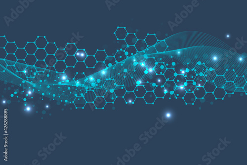 Modern futuristic background of the scientific hexagonal pattern. Virtual abstract background with particle, molecule structure for medical, technology, chemistry, science. Social network vector.