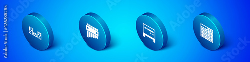 Set Isometric Home stereo, Guitar amplifier, Drum machine and Pan flute icon. Vector
