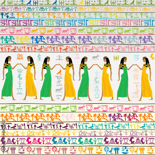 Colorful Egyptian pattern with egyptian women and hieroglyphs
