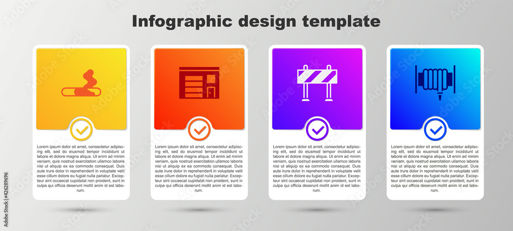 Set Cigarette, Building of fire station, Road barrier and Fire hose reel. Business infographic template. Vector Set Cigarette, Building of fire station, Road barrier and Fire hose reel. Business infographic template. Vector
