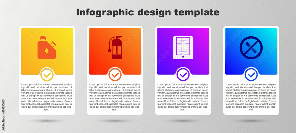 Set Canister fuel, Fire extinguisher, Evacuation plan and No fire match. Business infographic template. Vector Set Canister fuel, Fire extinguisher, Evacuation plan and No fire match. Business infographic template. Vector