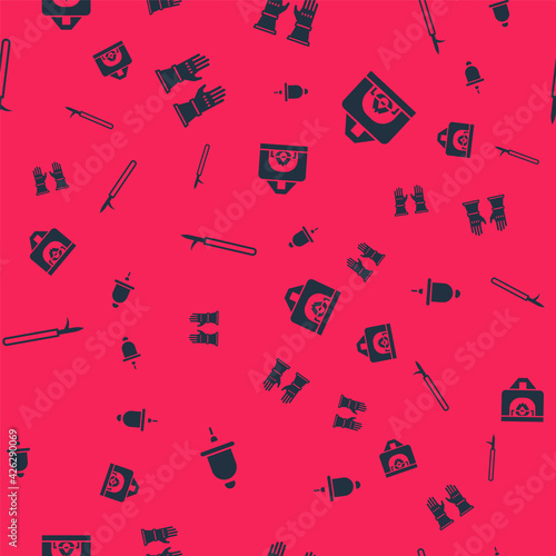 Set Ringing alarm bell, Firefighter gloves, Metal pike pole and Interior fireplace on seamless pattern. Vector
